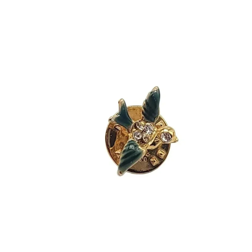 BAB Ballou Clear Glass Rhinestone Green Enamel Bird Gold Tone Tie Tack Vintage
